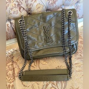 Authentic Yves Saint Laurent Khaki Quilted Leather Shoulder Bag